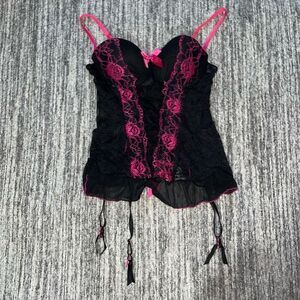 Native Intimates Womens Size 36C Lace Bustier Corset Black Pink Floral‎ Sexy
